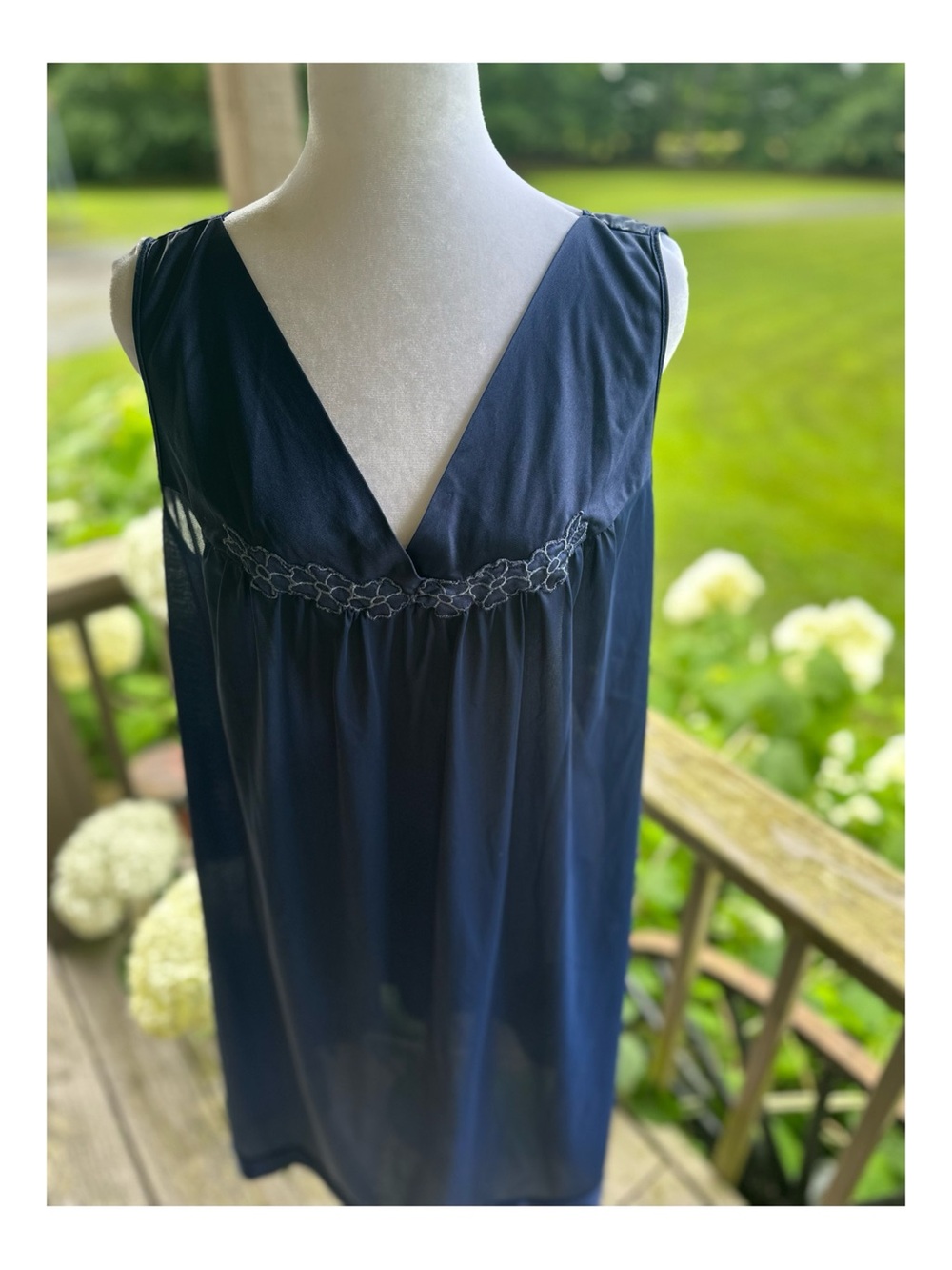 Vanity Fair Vintage Navy V-Neck Nightgown with Floral Embroidered Band